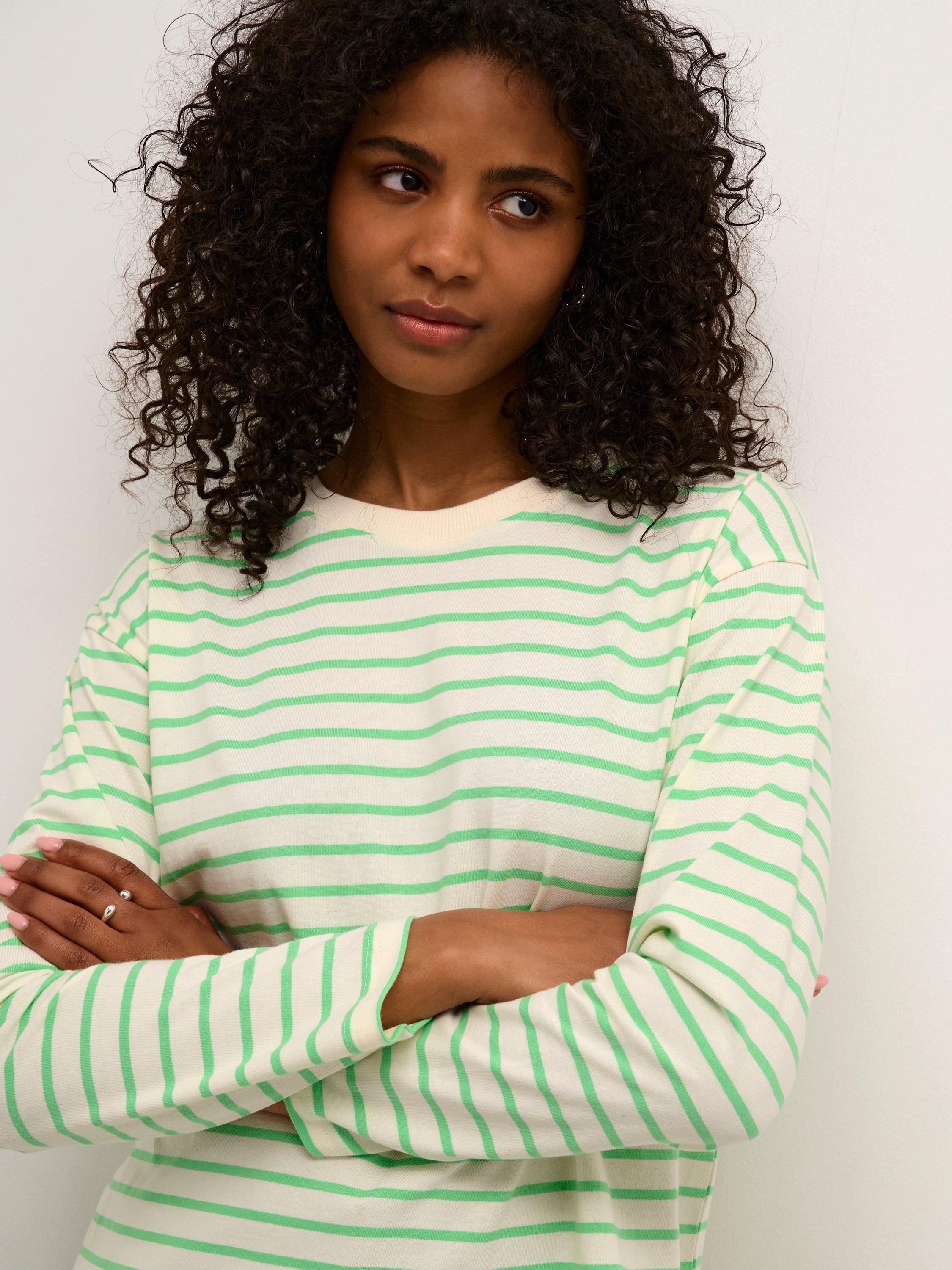 Product image 4 of 6, which shows KAFFE Winny Long Sleeve Crew Neck T-Shirt, White/Green, Green/White, XS