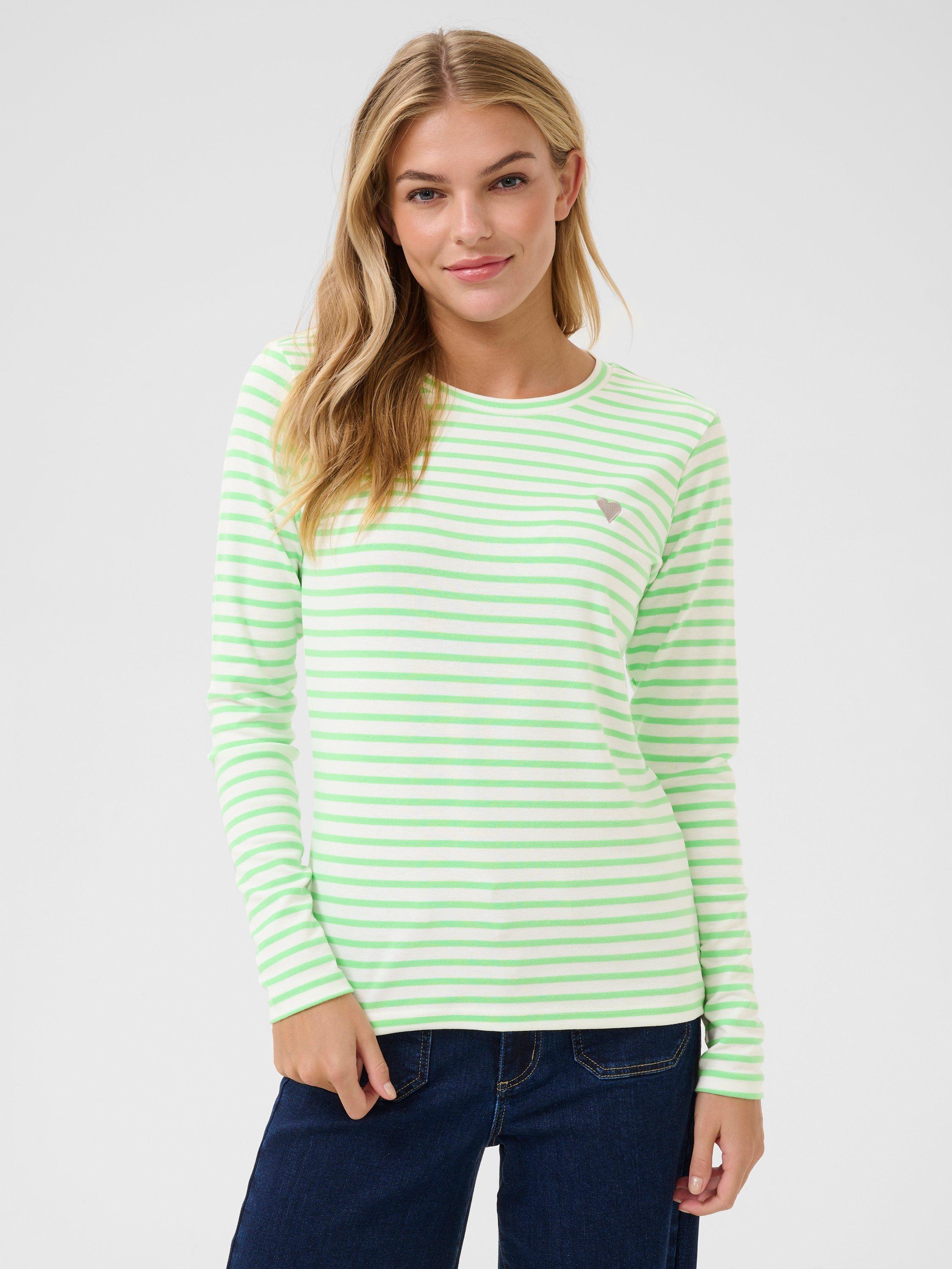 Product image 1 of 5, which shows KAFFE Liddy Stripe Long Sleeve T-Shirt, Chalk/Green, S