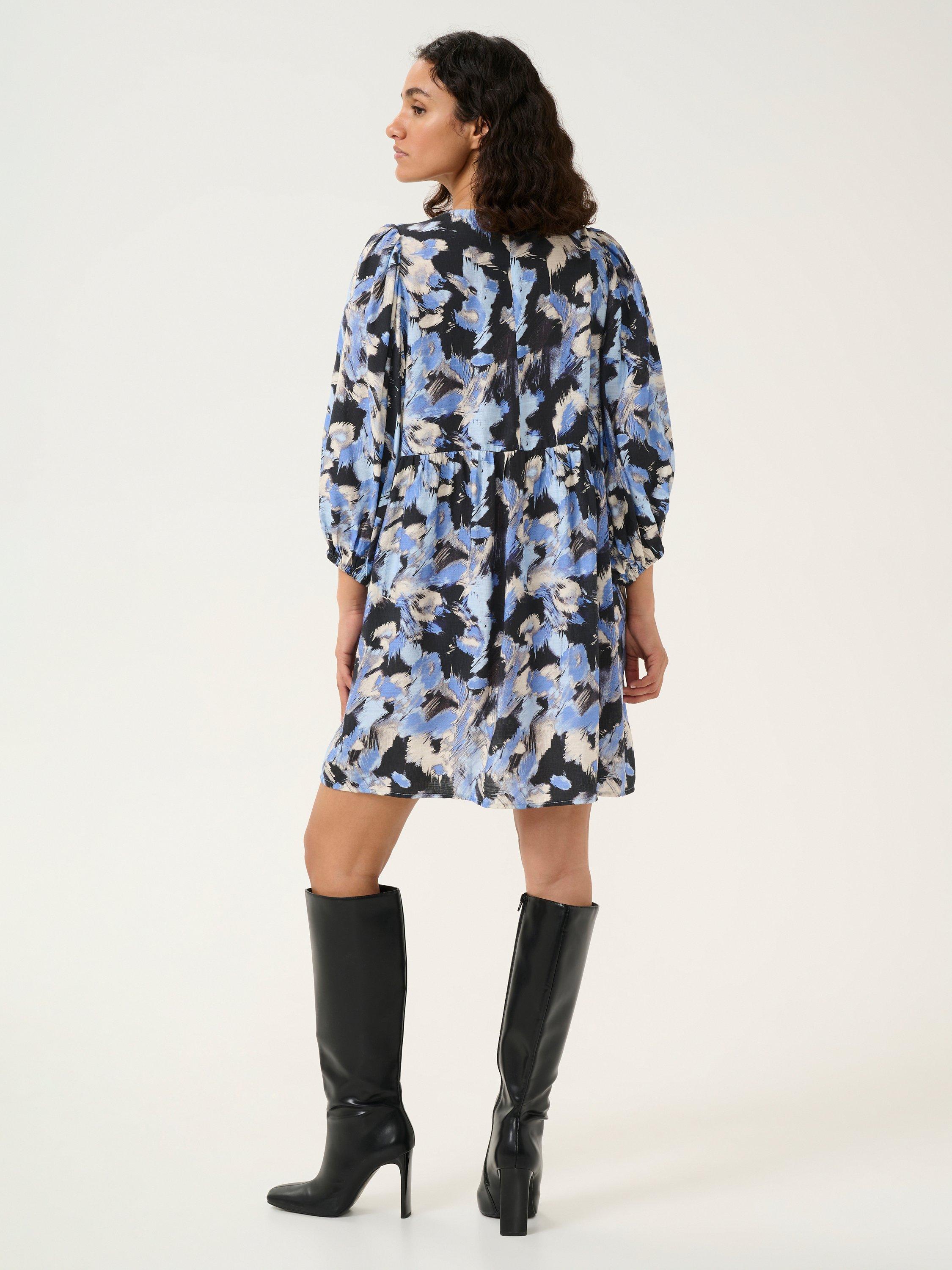 Product image 2 of 6, which shows KAFFE Victoria Puff Sleeve Tunic Dress, Black/Blue, 8