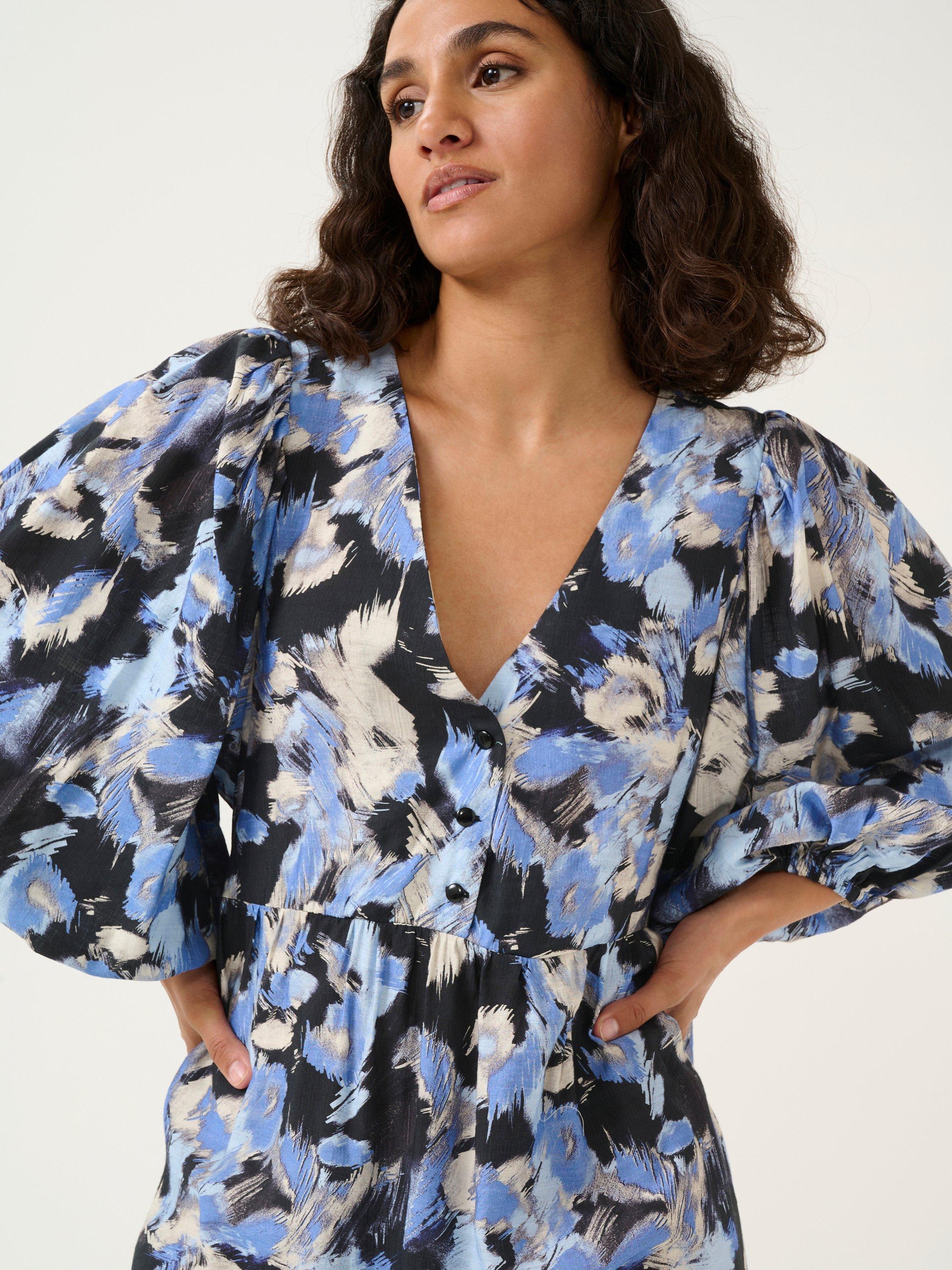 Product image 4 of 6, which shows KAFFE Victoria Puff Sleeve Tunic Dress, Black/Blue, 8