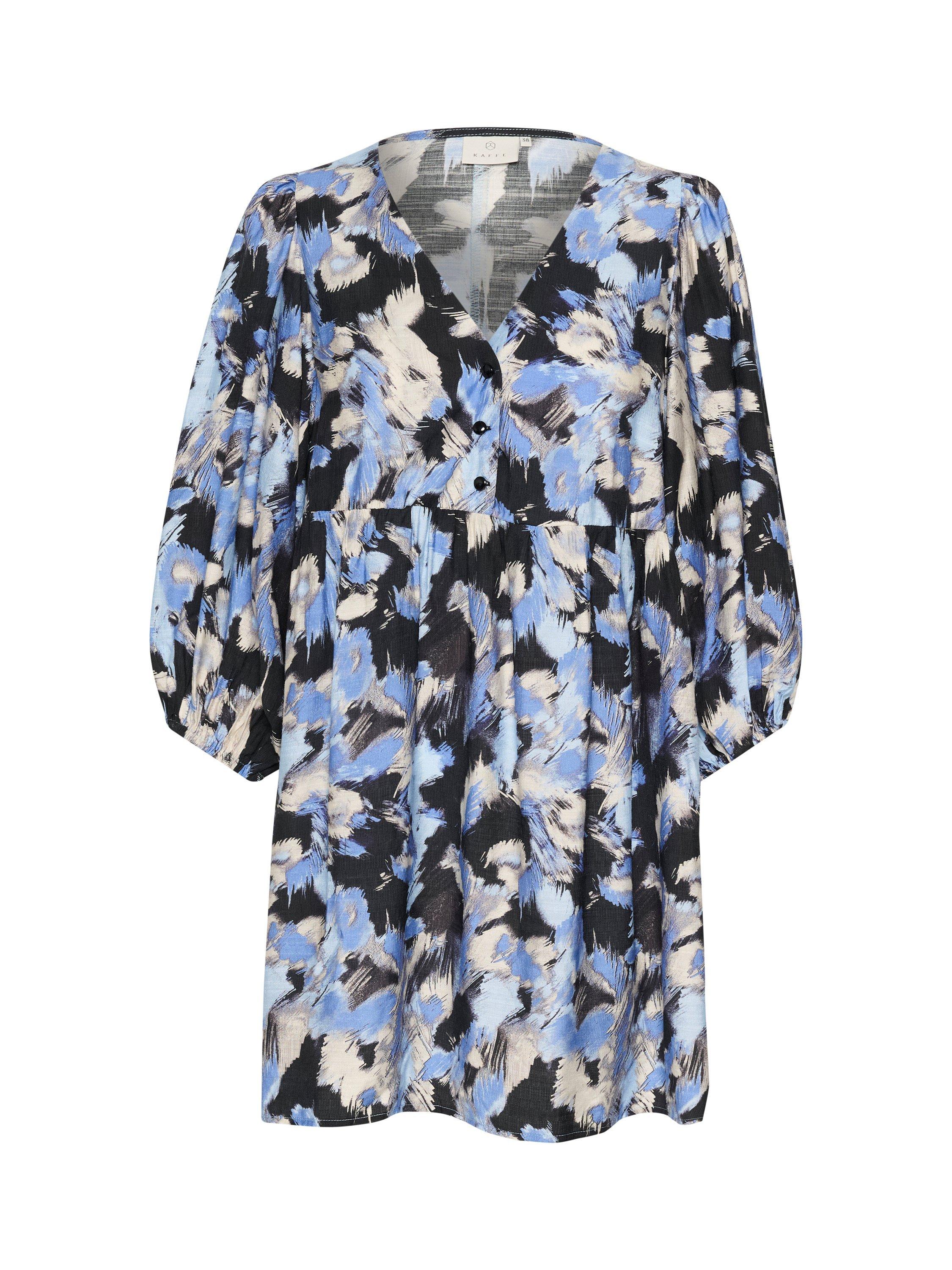 Product image 5 of 6, which shows KAFFE Victoria Puff Sleeve Tunic Dress, Black/Blue, 8
