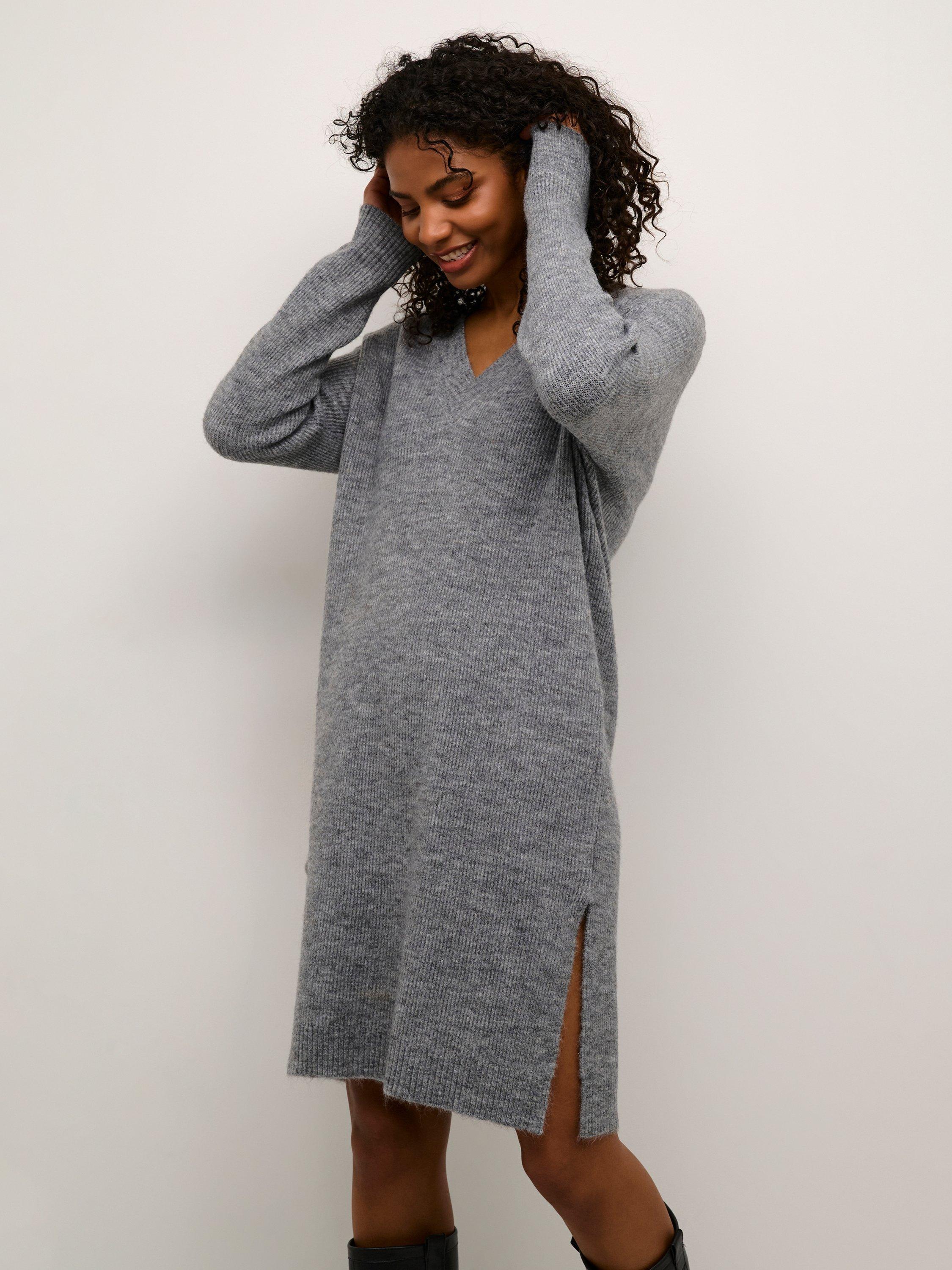 Product image 1 of 6, which shows KAFFE Juno V-Neck Knit Knee Length Dress, Grey Melange, L