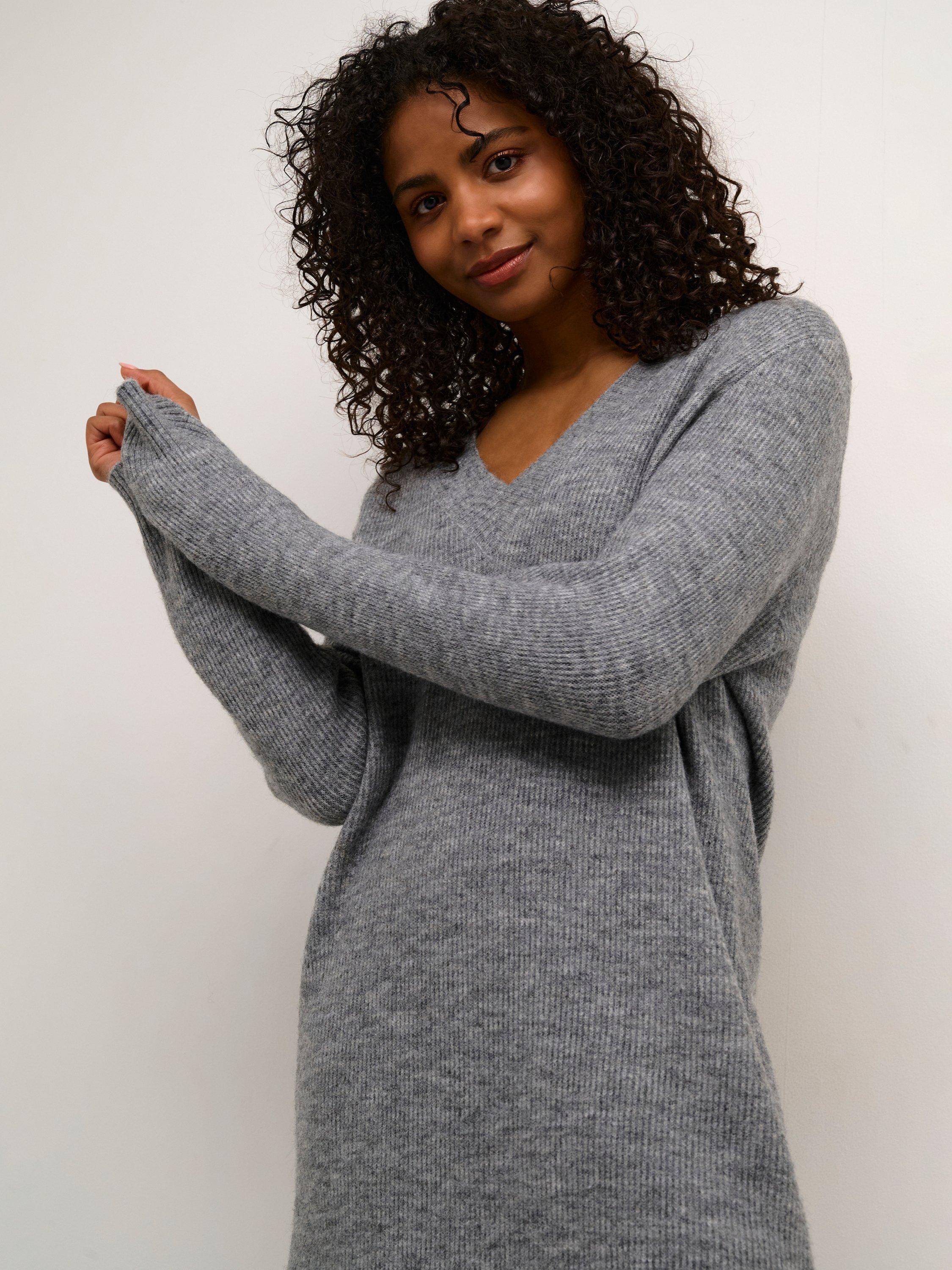 Product image 4 of 6, which shows KAFFE Juno V-Neck Knit Knee Length Dress, Grey Melange, L