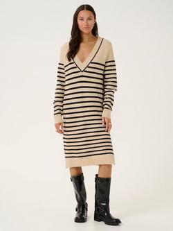 KAFFE Juno Stripe V-Neck Knit Knee Length Dress, Feather Grey/Black