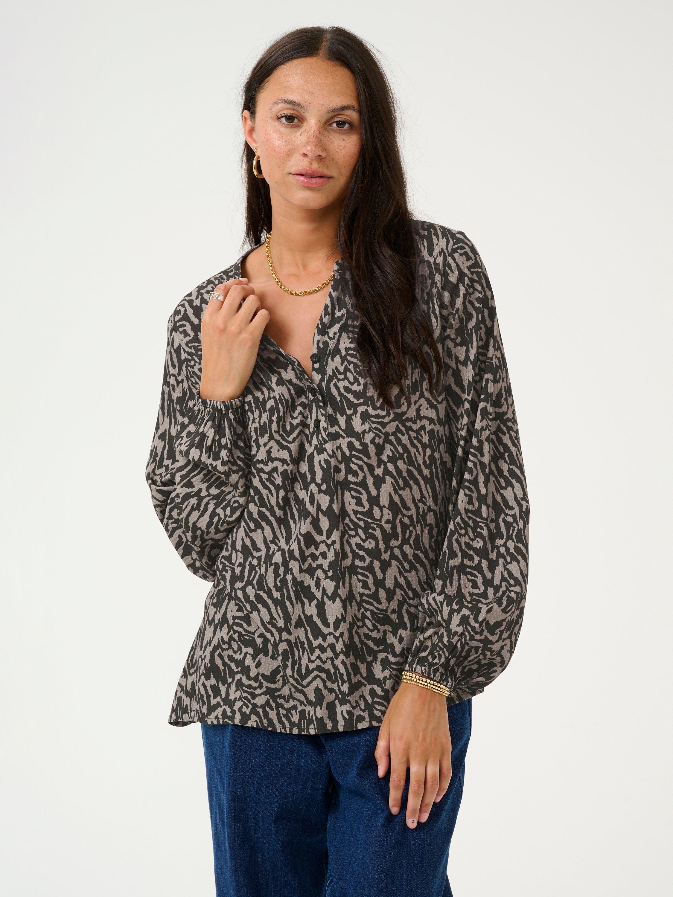 Product image 1 of 6, which shows KAFFE Mathilde Abstract Print Top, Black/Elephant, 10