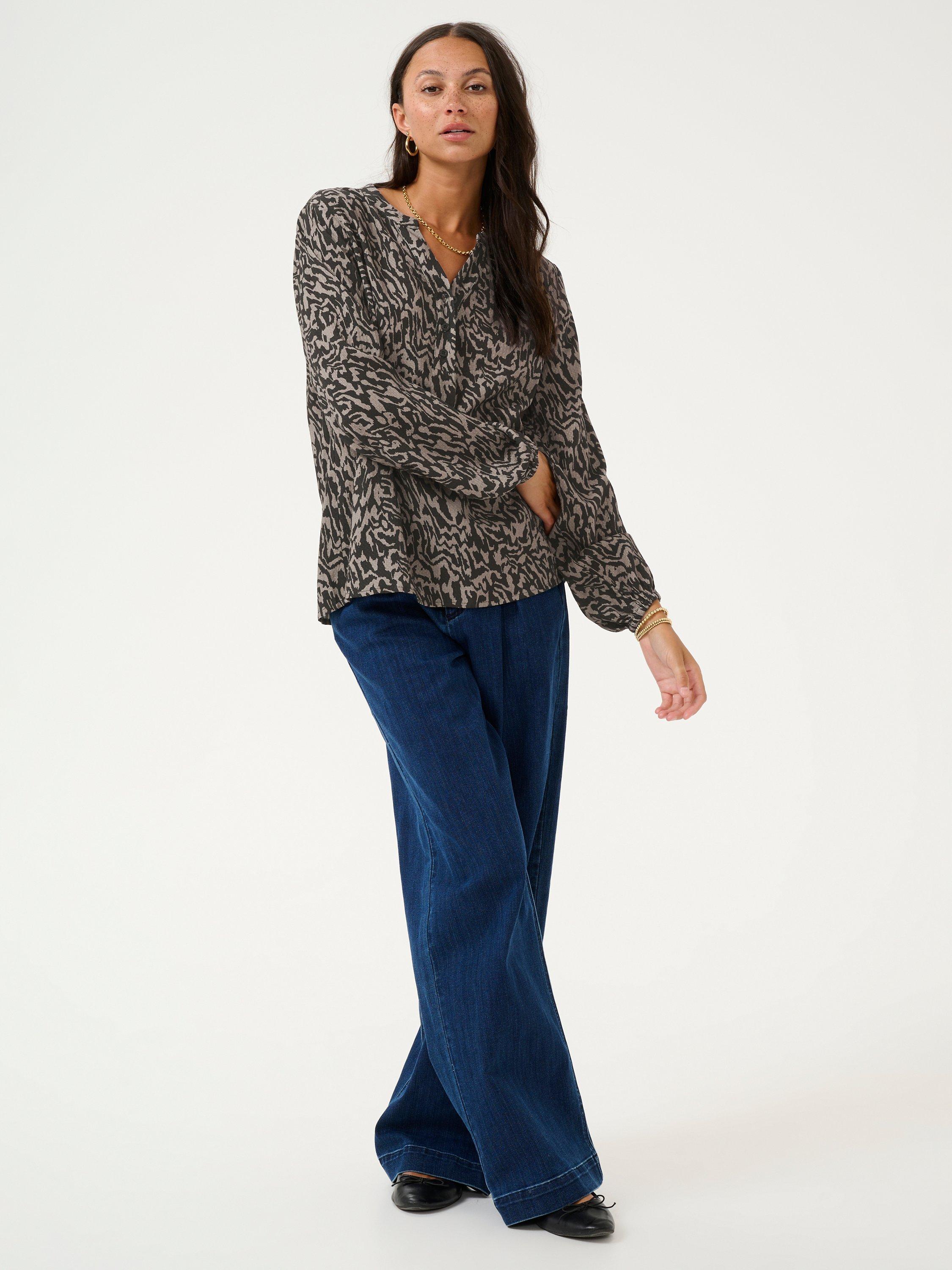 Product image 3 of 6, which shows KAFFE Mathilde Abstract Print Top, Black/Elephant, 10