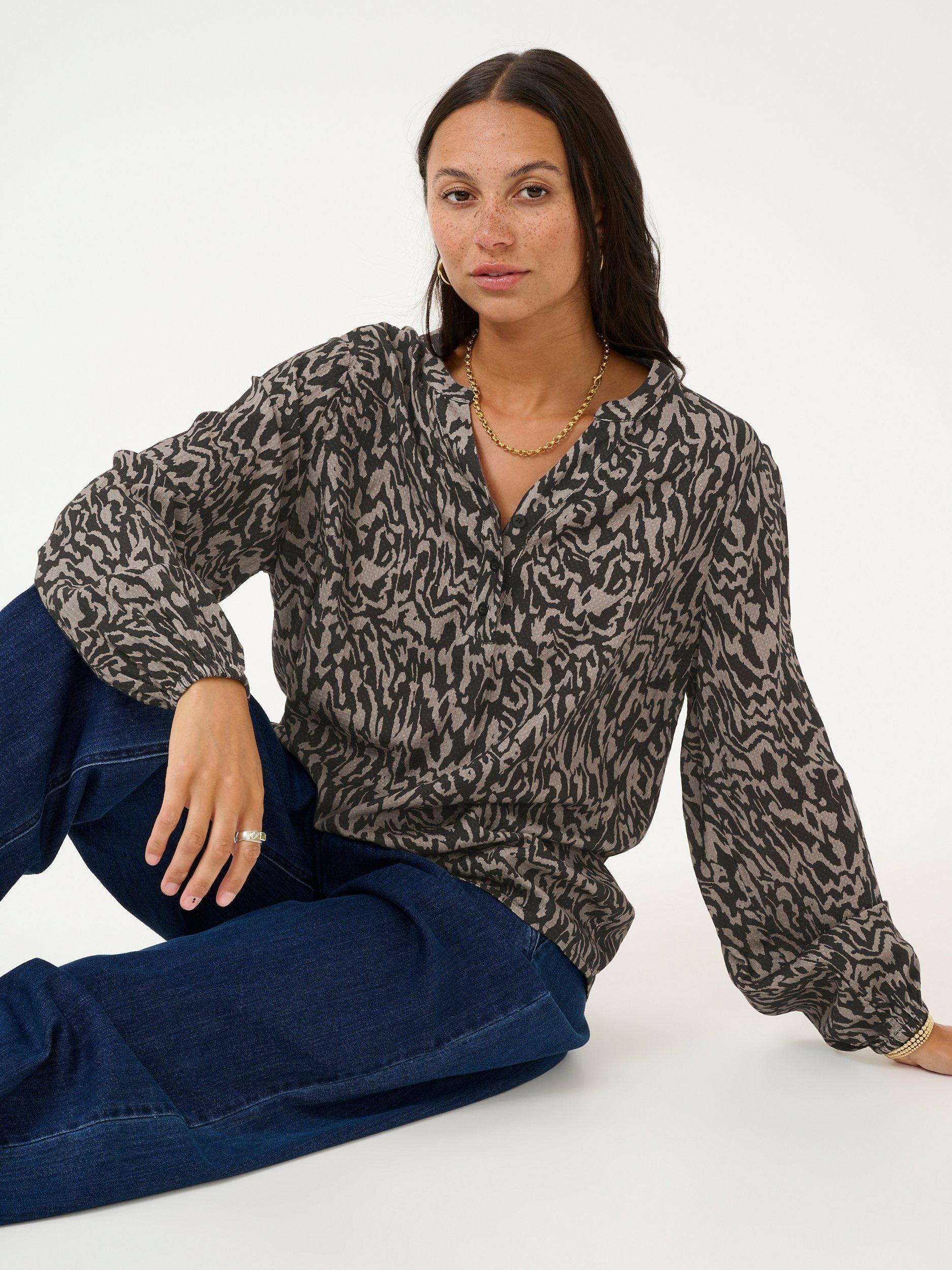 Product image 4 of 6, which shows KAFFE Mathilde Abstract Print Top, Black/Elephant, 10