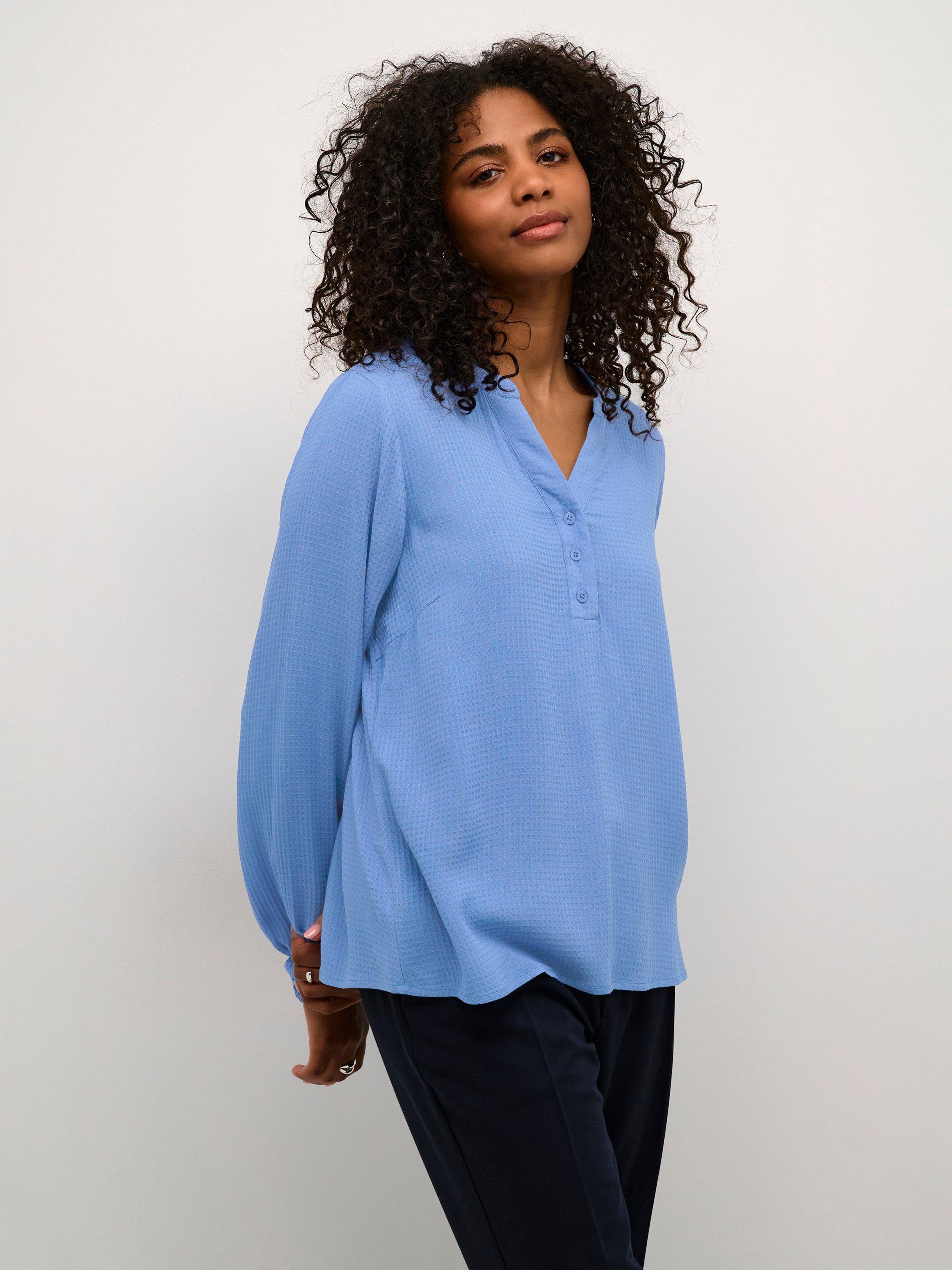 Product image 1 of 6, which shows KAFFE Mathilde Notch Neck Top, Sky Blue, 10