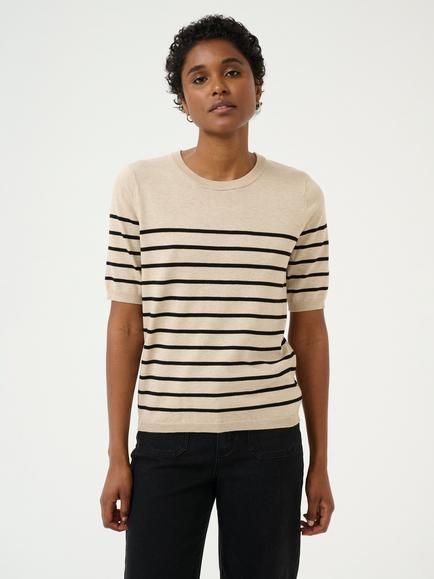 KAFFE Lizza Stripe Short Sleeve Jumper, Feather Gray/Black, Feather Gray/Black