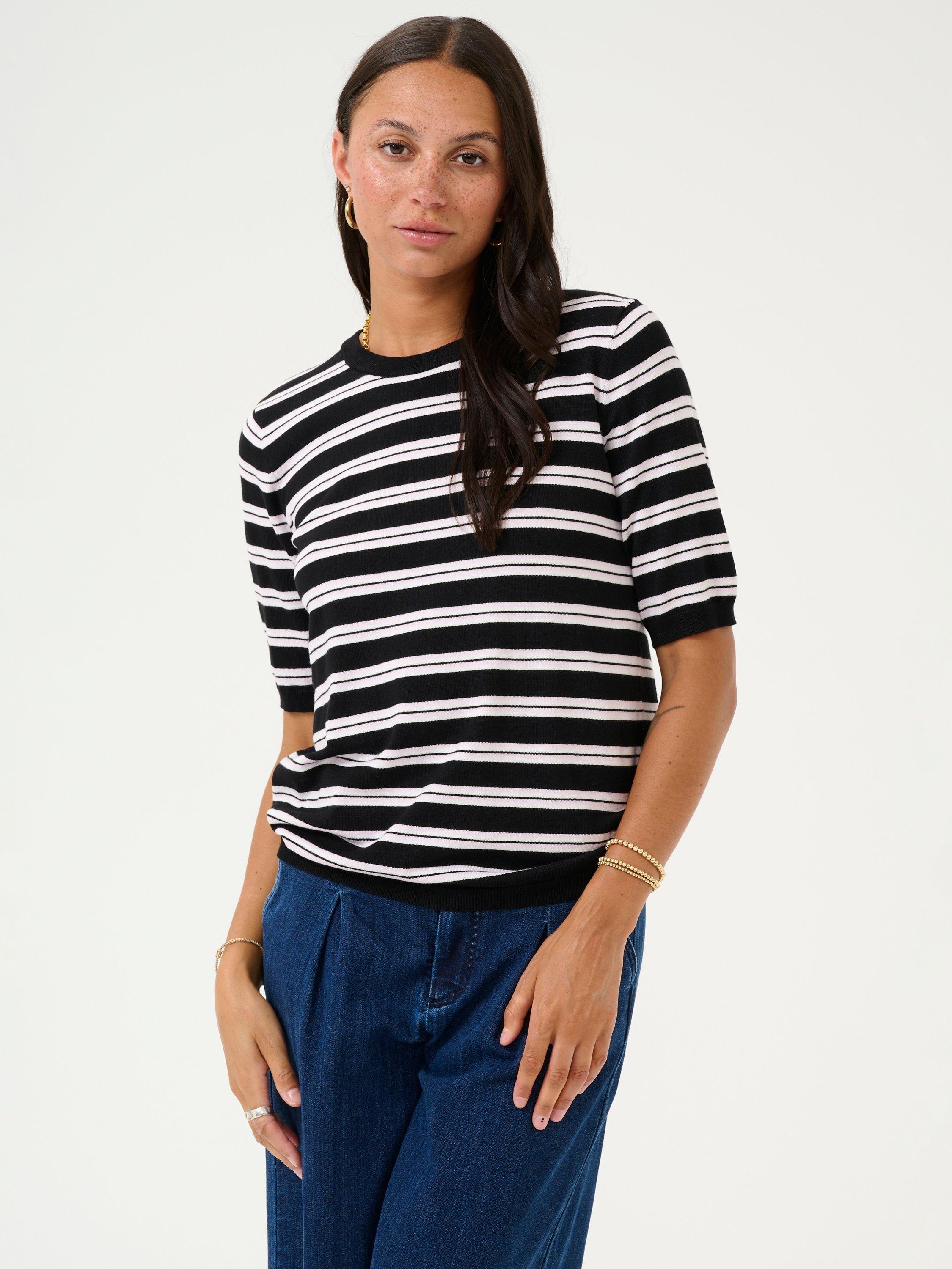 Product image 1 of 6, which shows KAFFE Lizza Stripe Short Sleeve Jumper, Black/White, XS