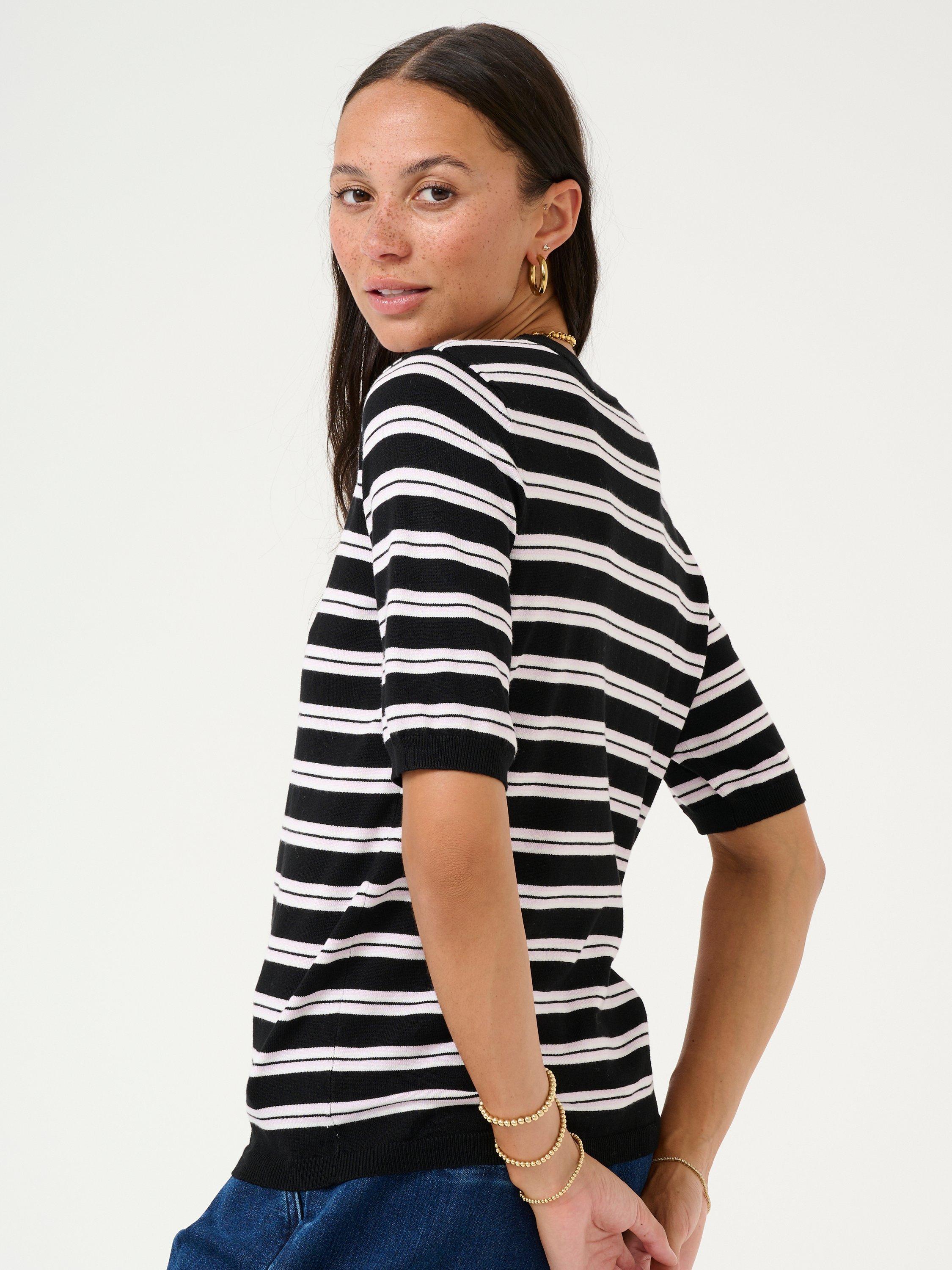 Product image 2 of 6, which shows KAFFE Lizza Stripe Short Sleeve Jumper, Black/White, XS