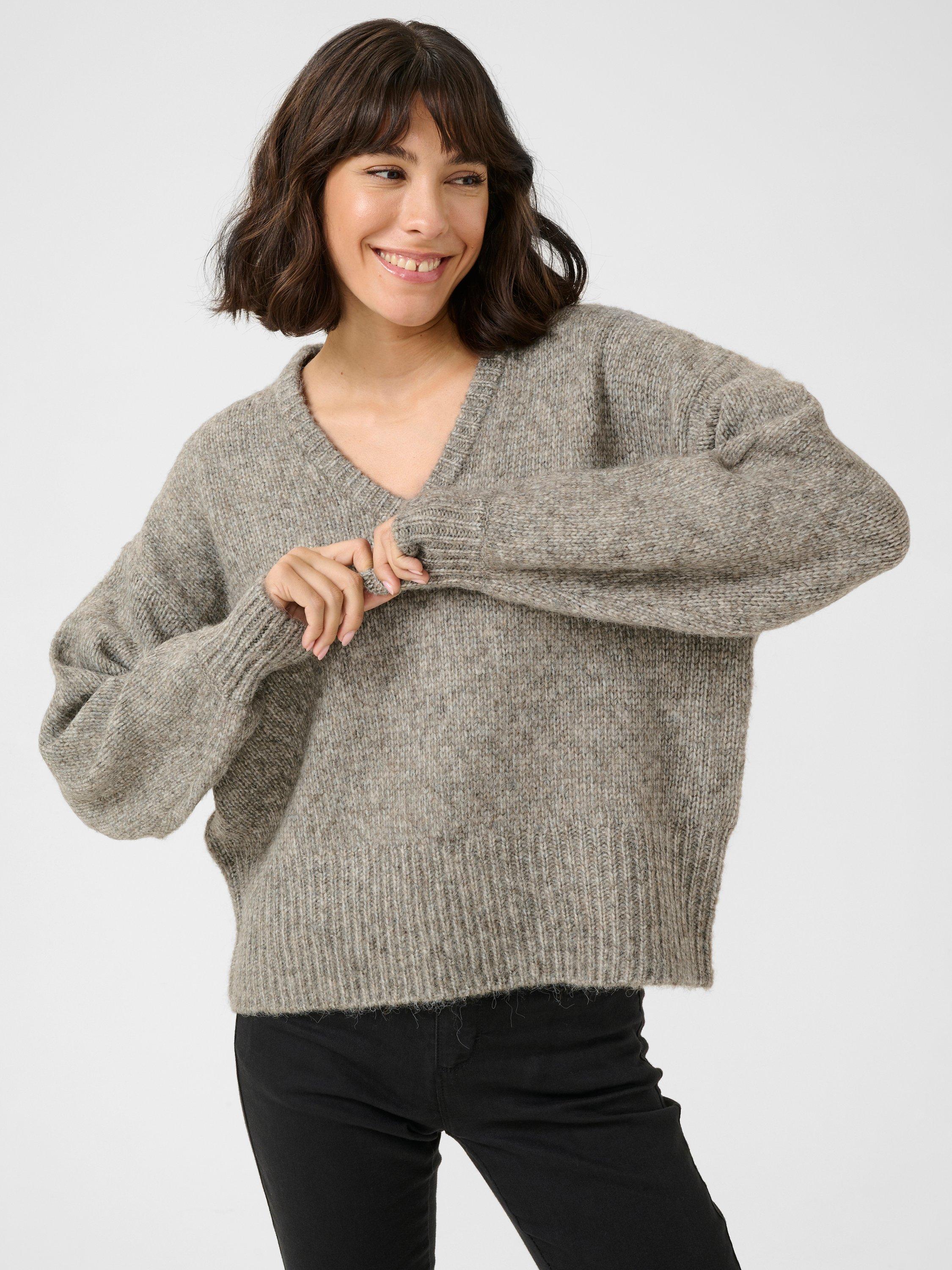 Product image 1 of 5, which shows KAFFE Trina V-Neck Jumper, Grey Melange, XS