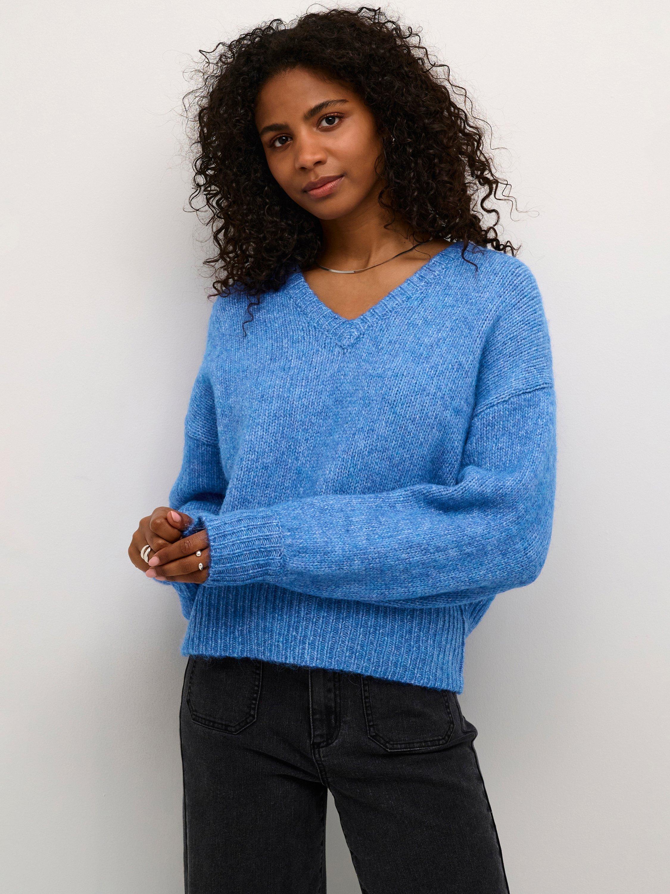 Product image 1 of 6, which shows KAFFE Trina V-Neck Jumper, Blue Melange, S