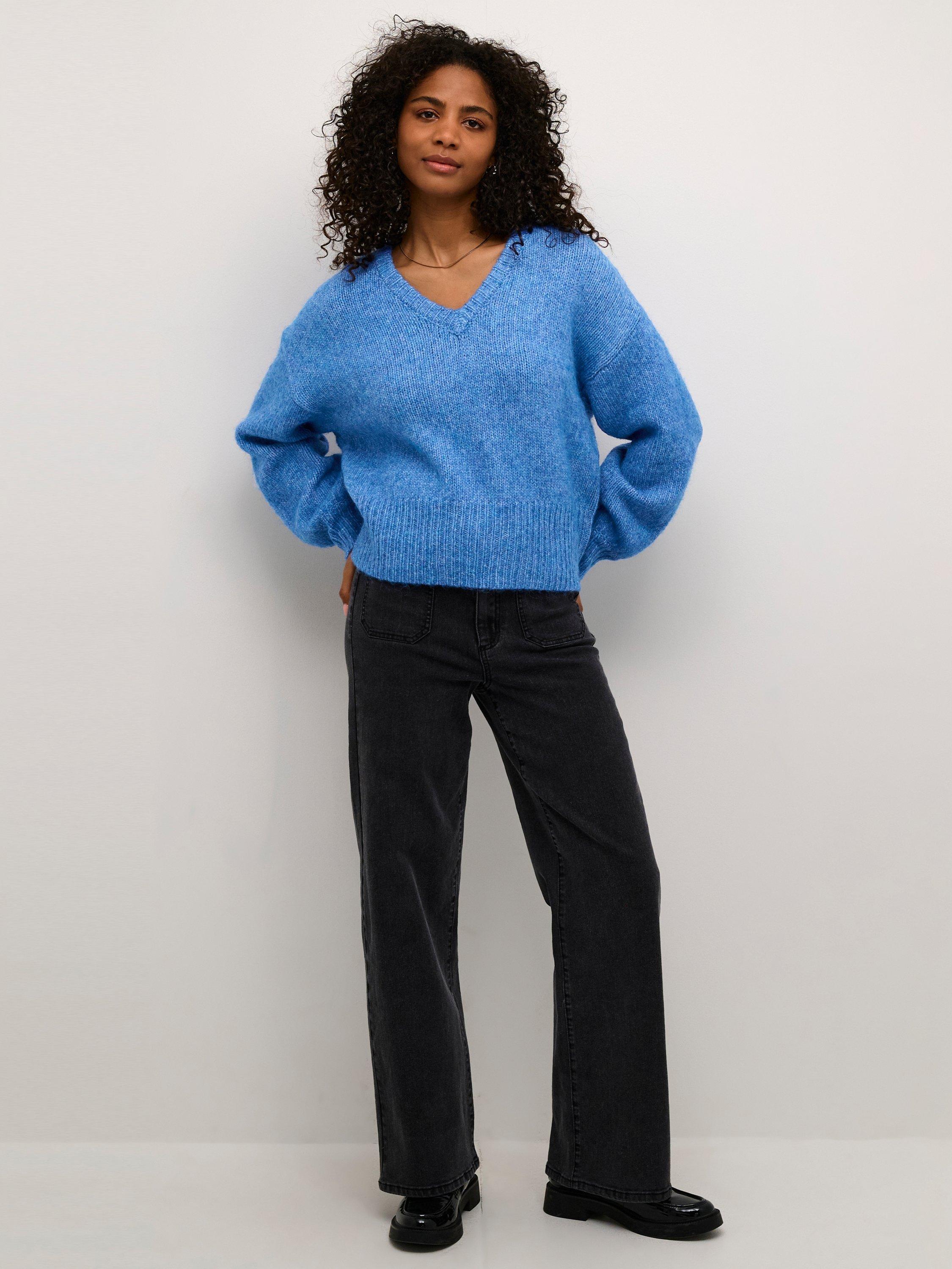 Product image 3 of 6, which shows KAFFE Trina V-Neck Jumper, Blue Melange, S