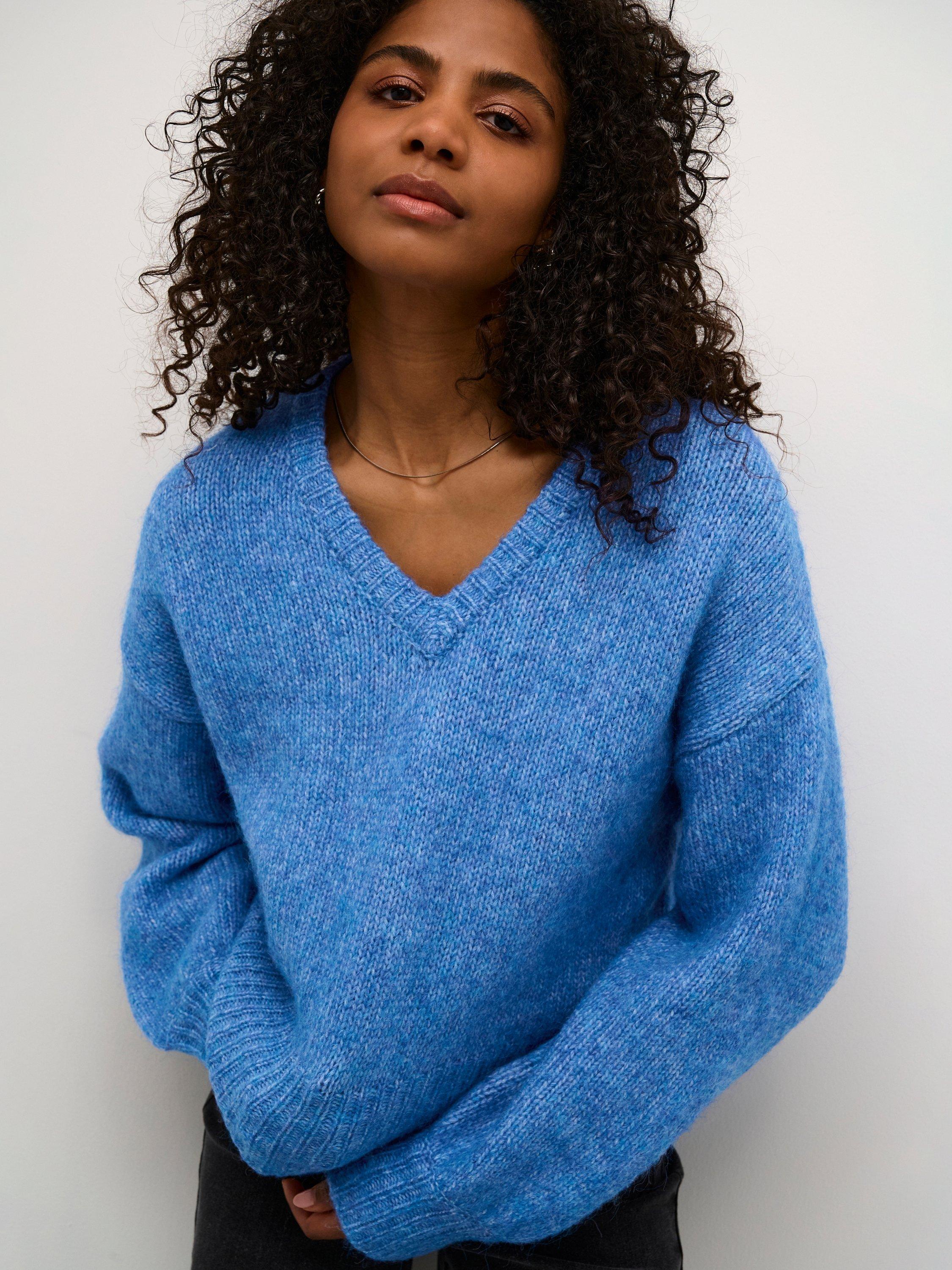 Product image 4 of 6, which shows KAFFE Trina V-Neck Jumper, Blue Melange, S