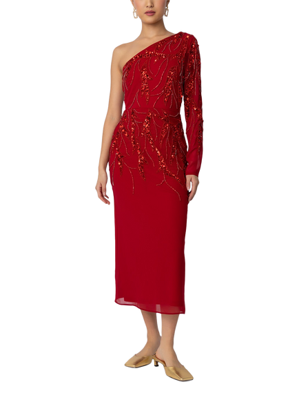 Raishma Elara Embellished One Shoulder Midi Dress, Red