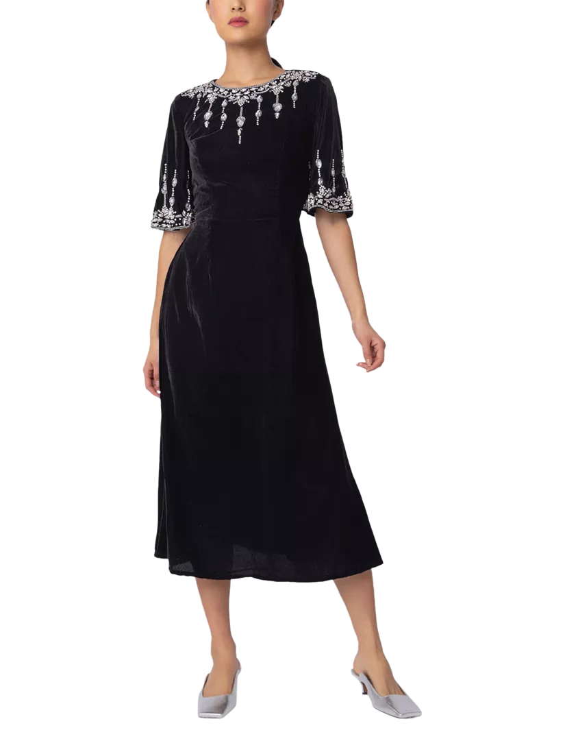 Raishma Elvira Beaded Velvet Midi Dress