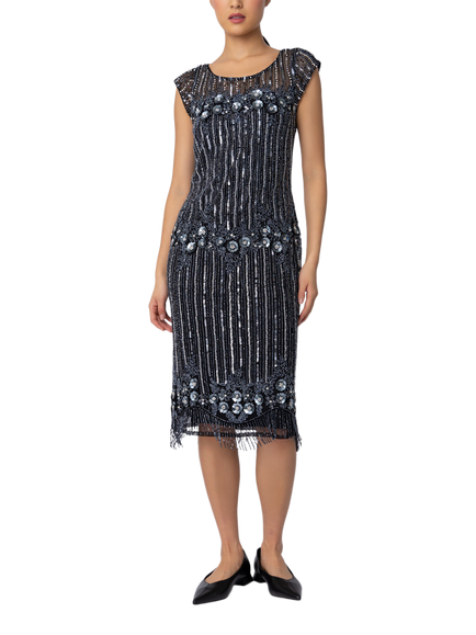 Raishma Kara Sequin Stripe Embellished Midi Dress, Black, Black