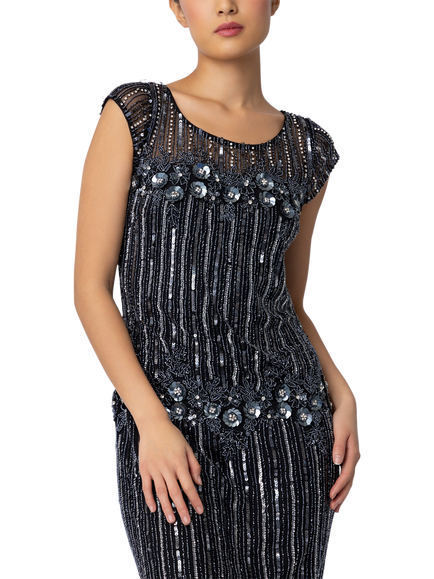 Raishma Kara Sequin Stripe Embellished Midi Dress, Black - view 2, Black