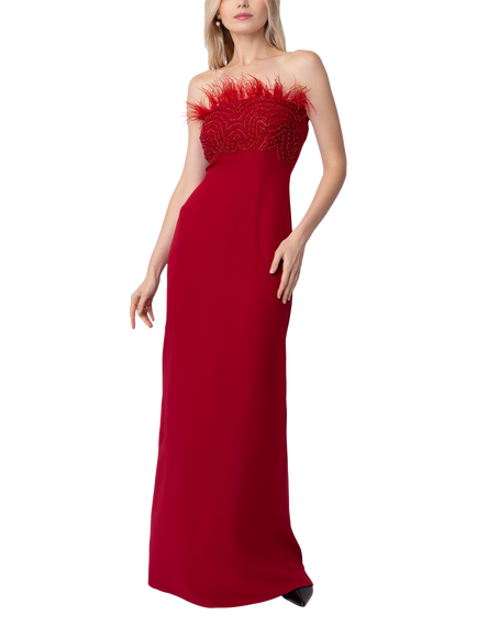 Raishma Rosa Feather Trim Bandeau Gown, Red, Red