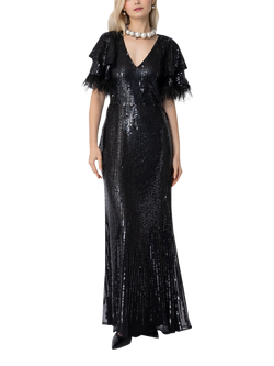 Raishma Selene Feather Trim Flutter Sleeve Sequin Gown, Black