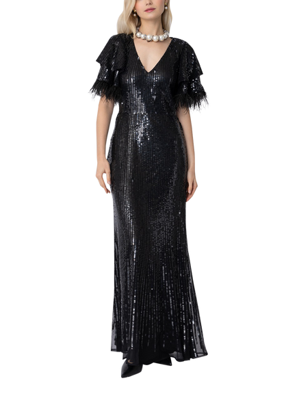 Raishma Selene Feather Trim Flutter Sleeve Sequin Gown, Black