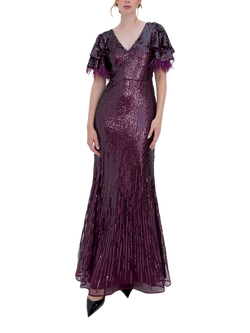 Raishma Selene Feather Trim Flutter Sleeve Sequin Gown, Burgundy