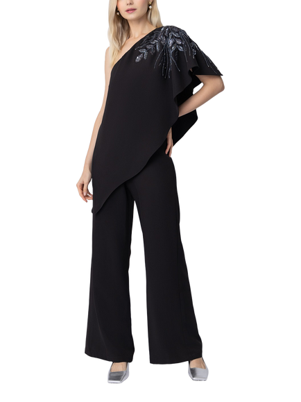Raishma Gwen Sequin Embellished Asymmetric Wide Leg Jumpsuit, Black