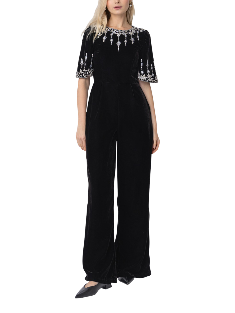 Product image 1 of 3, which shows Raishma Luna Velvet Embellished Wide Leg Jumpsuit, Black, 8