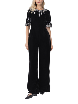 Raishma Luna Velvet Embellished Wide Leg Jumpsuit, Black
