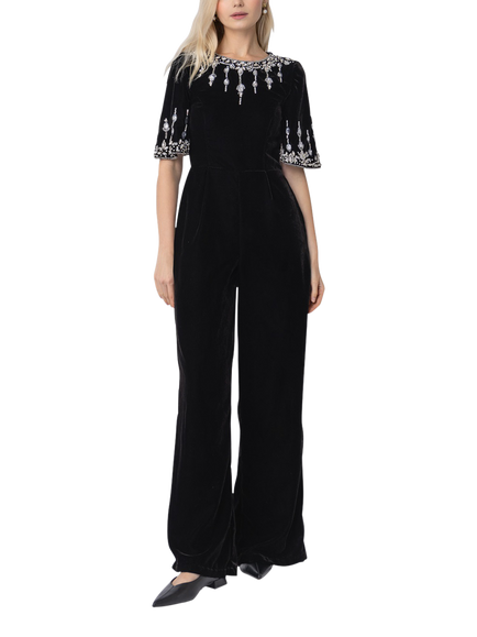 Raishma Luna Velvet Embellished Wide Leg Jumpsuit, Black