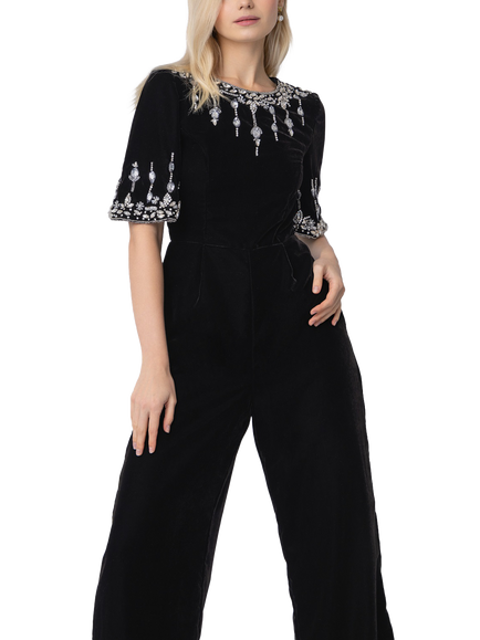 Raishma Luna Velvet Embellished Wide Leg Jumpsuit - view 2, Black
