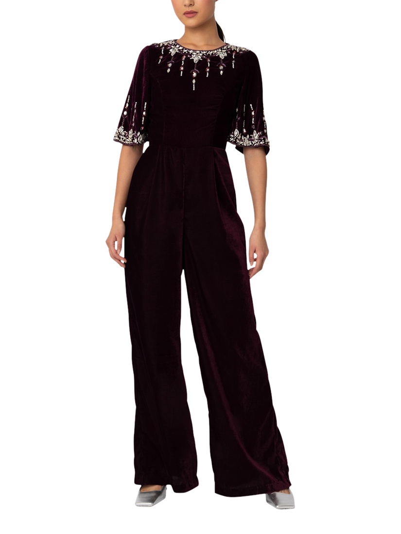 Product image 1 of 3, which shows Raishma Luna Velvet Embellished Wide Leg Jumpsuit, Burgundy, 8