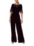 Raishma Luna Velvet Embellished Wide Leg Jumpsuit, Burgundy