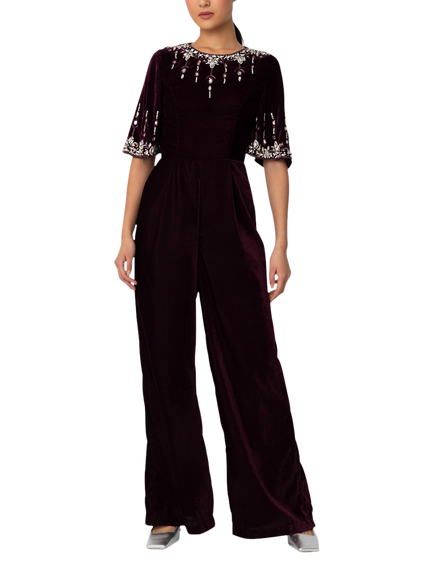 Raishma Luna Velvet Embellished Wide Leg Jumpsuit, Burgundy