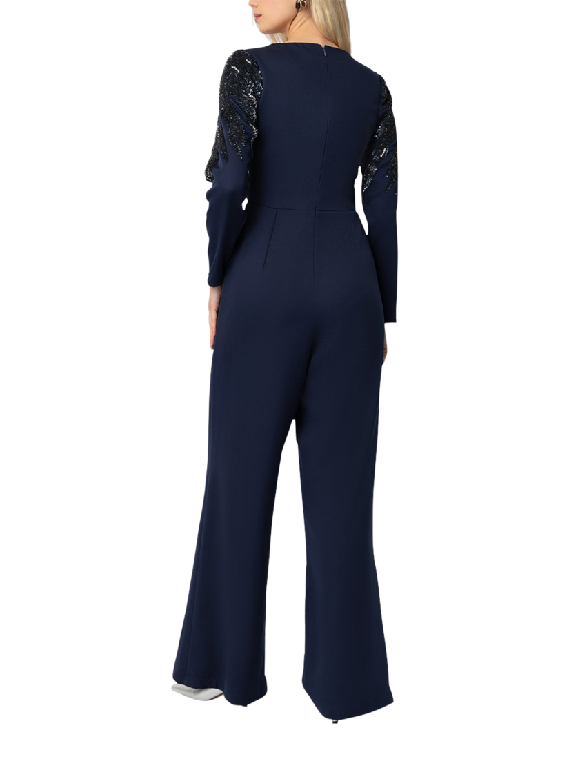 Product image 3 of 3, which shows Raishma Piper Sequin Bodice Wide Leg Jumpsuit, Navy, 8