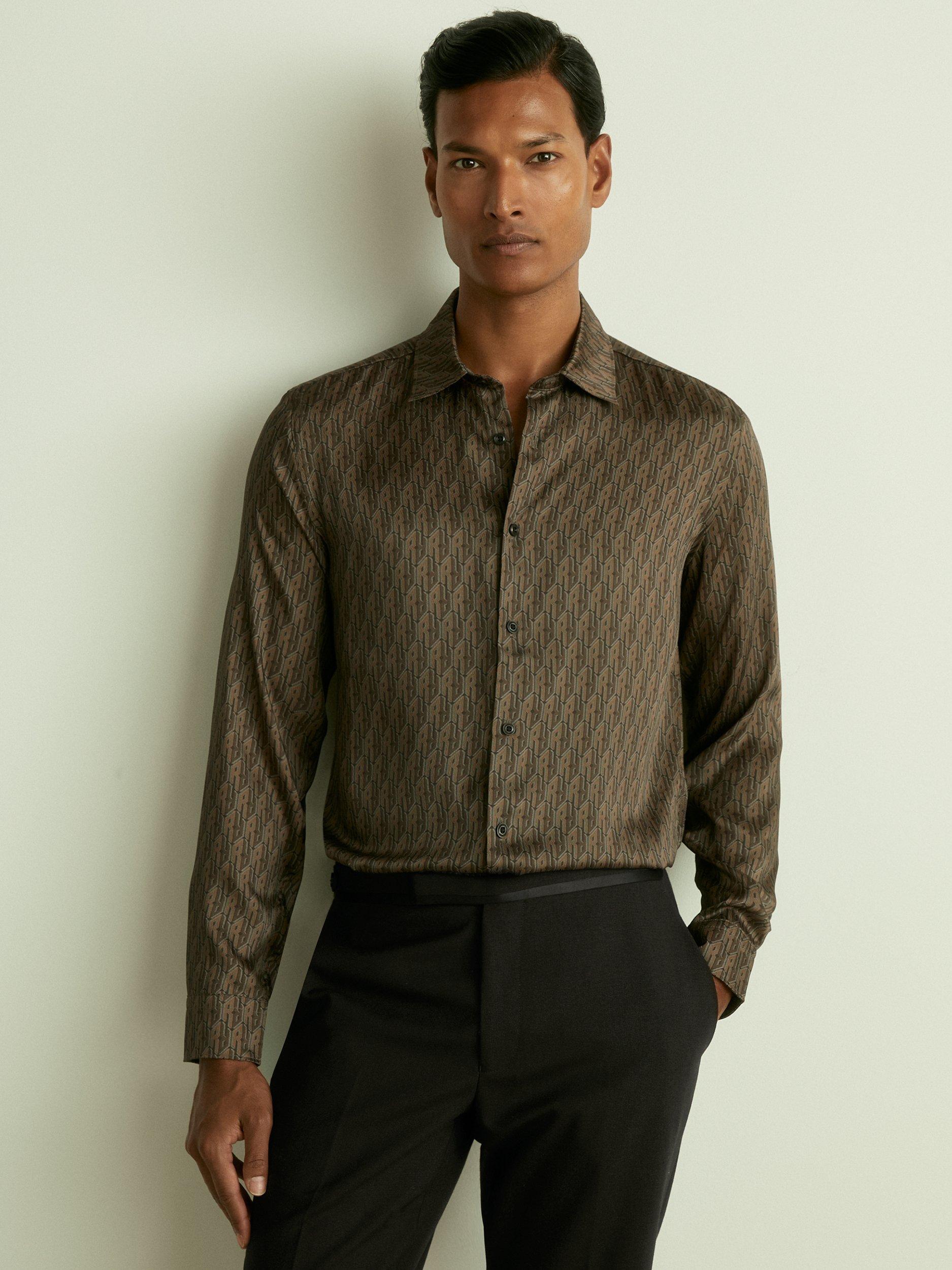 Reiss Lafraneire Monogram Print Twill Shirt, Dark Brown