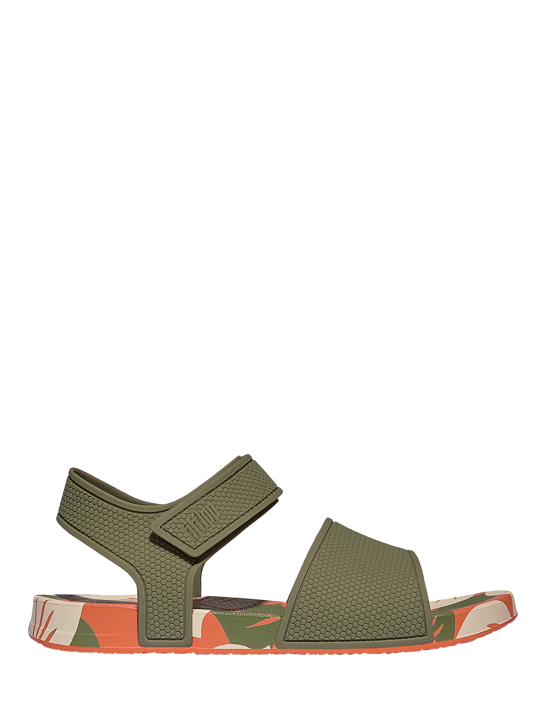 Product image 1 of 4, which shows FitFlop Kids' iQushion Leaf Print Sandals, Faded Sage, 1 Jnr
