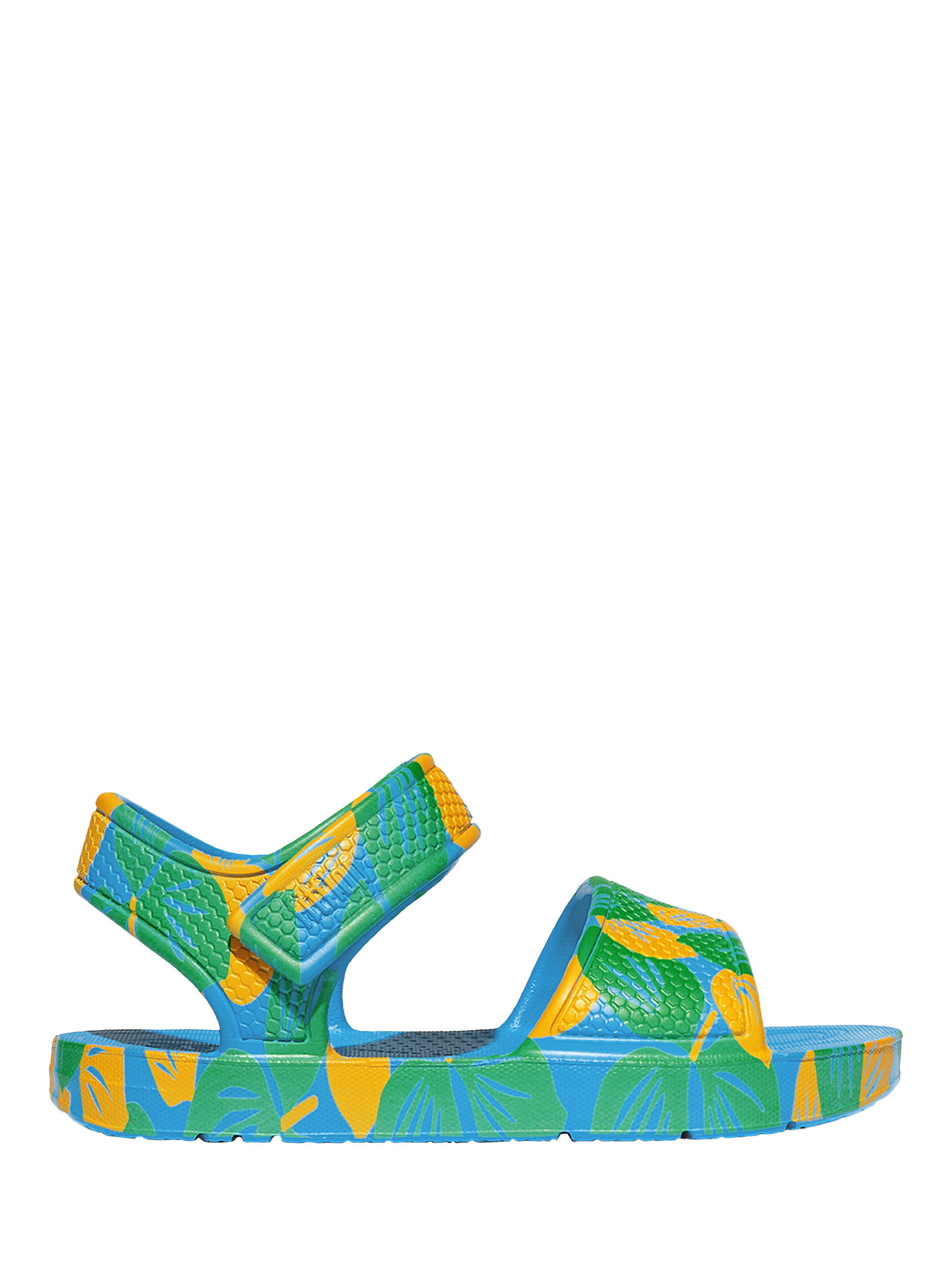 Product image 1 of 4, which shows FitFlop Kids' iQushion Leaf Print Sandals, Beach Blue Mix, 6 Jnr