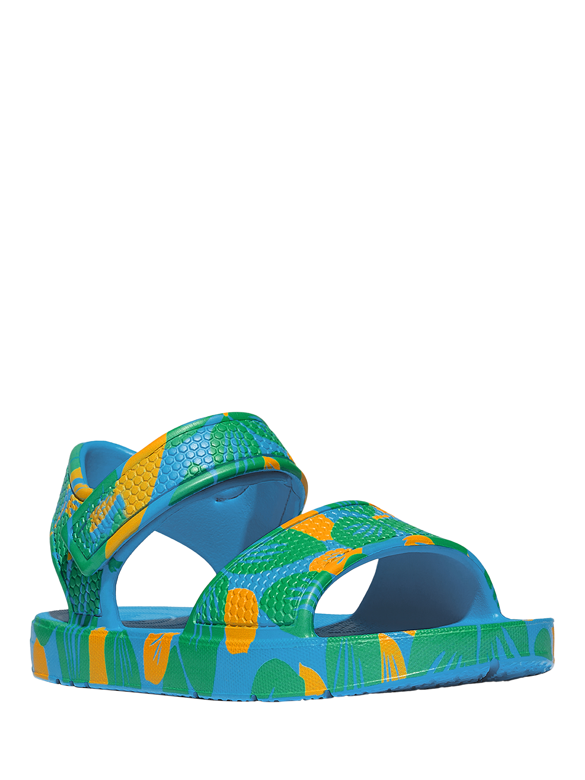 Product image 2 of 4, which shows FitFlop Kids' iQushion Leaf Print Sandals, Beach Blue Mix, 6 Jnr