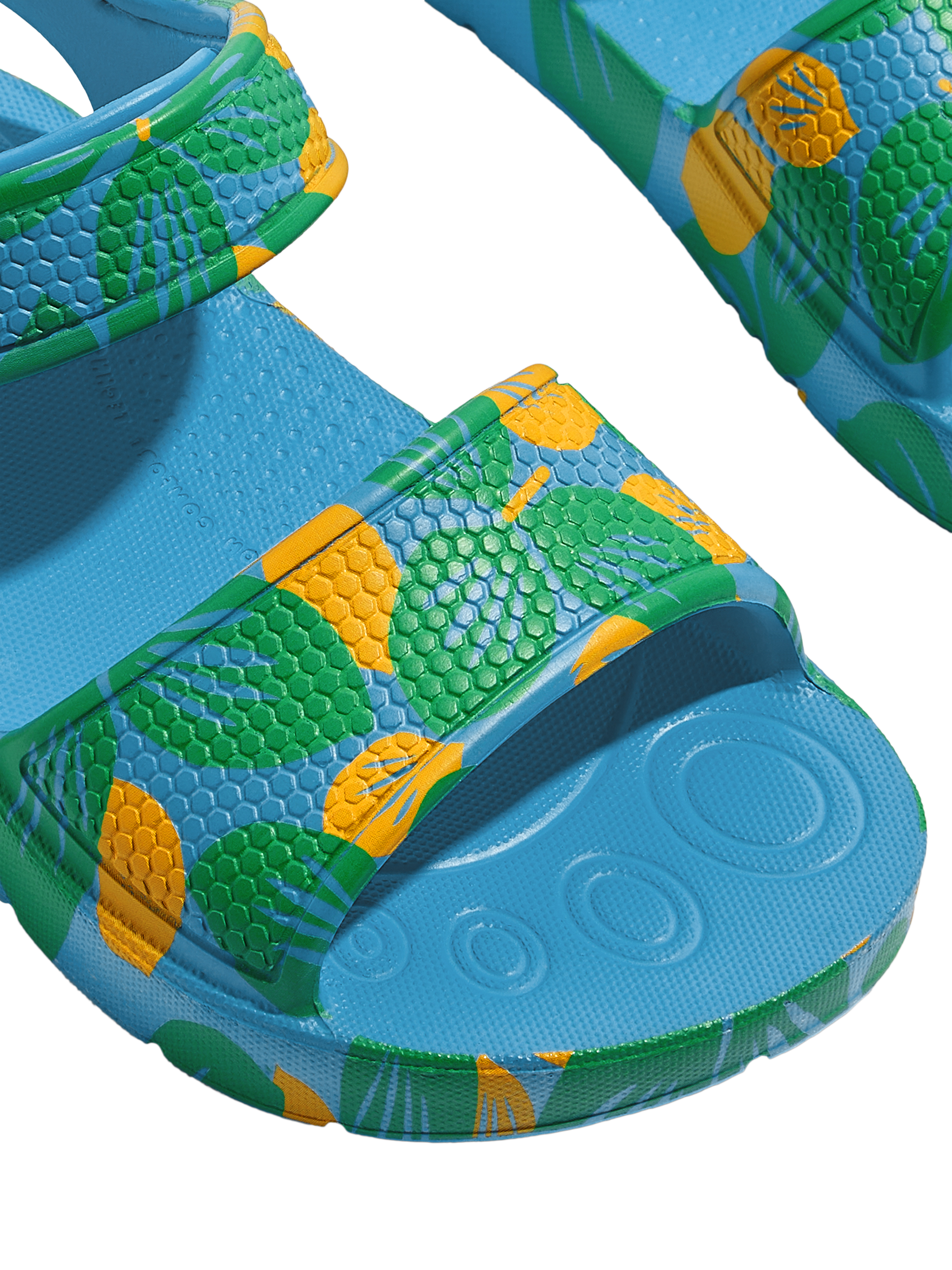 Product image 3 of 4, which shows FitFlop Kids' iQushion Leaf Print Sandals, Beach Blue Mix, 6 Jnr
