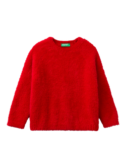 Benetton Kids' Fluffy Long Sleeve Jumper, Dark Red