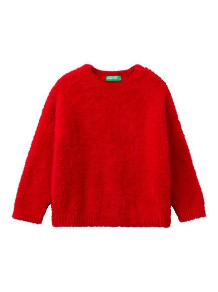 Benetton Kids' Fluffy Long Sleeve Jumper, Dark Red