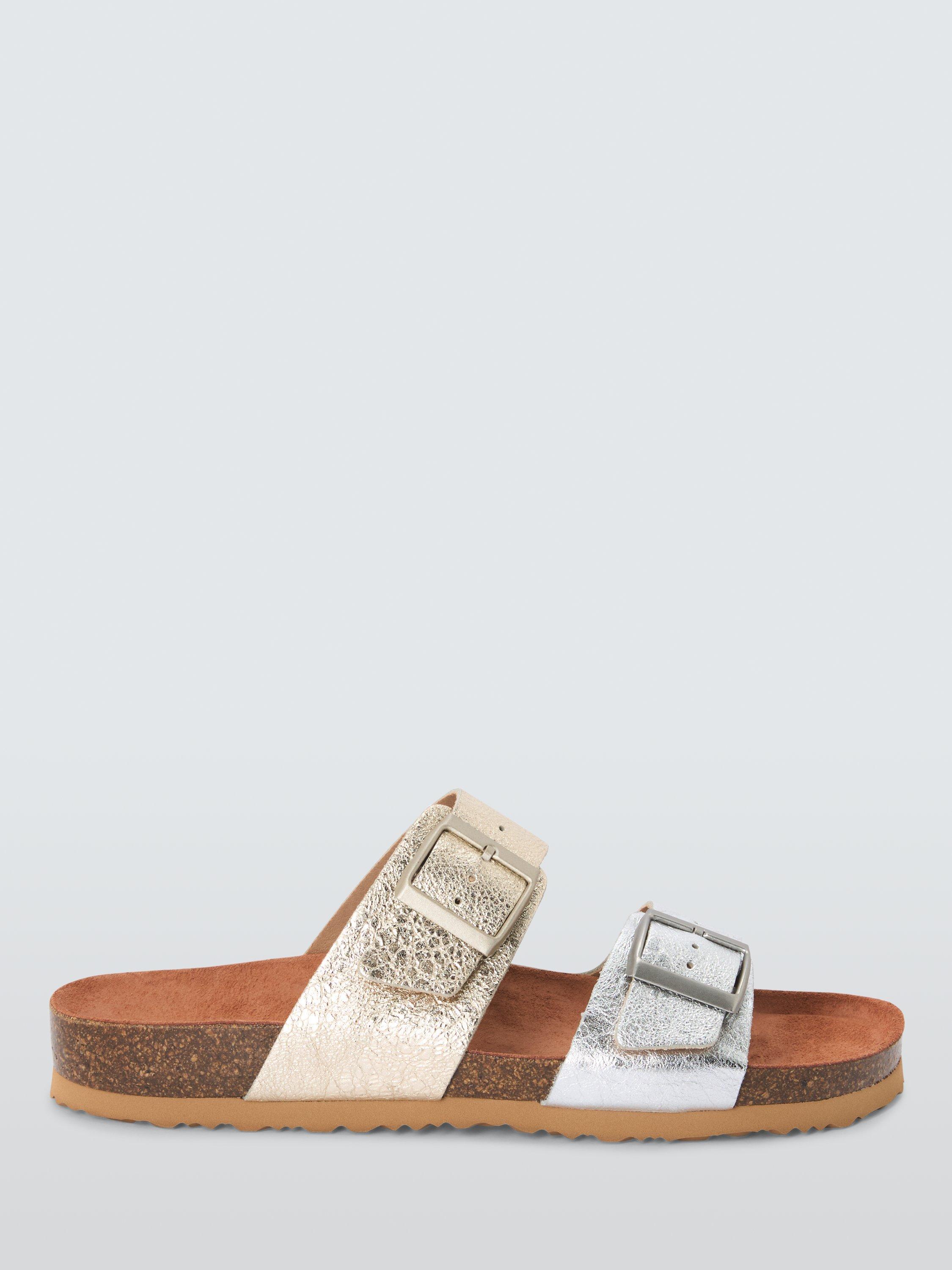 Product image 1 of 6, which shows John Lewis Lolly Leather Double Buckle Footbed Sandals, Metallic, 3