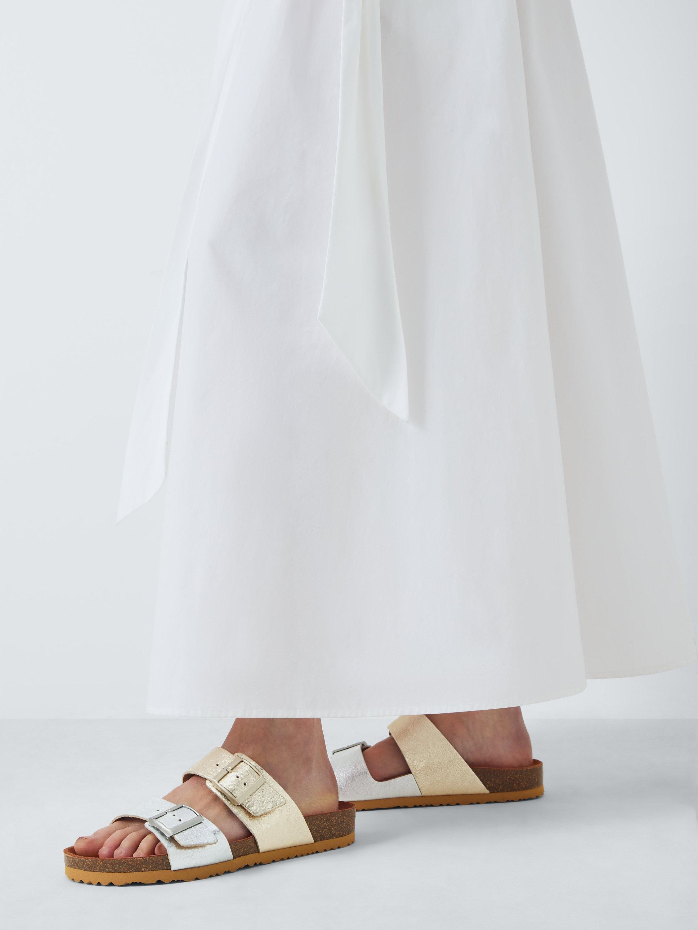 Product image 2 of 6, which shows John Lewis Lolly Leather Double Buckle Footbed Sandals, Metallic, 3