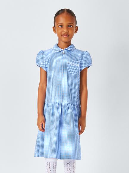 John Lewis Kids' Cotton Blend Gingham A-Line School Summer Dress, Blue