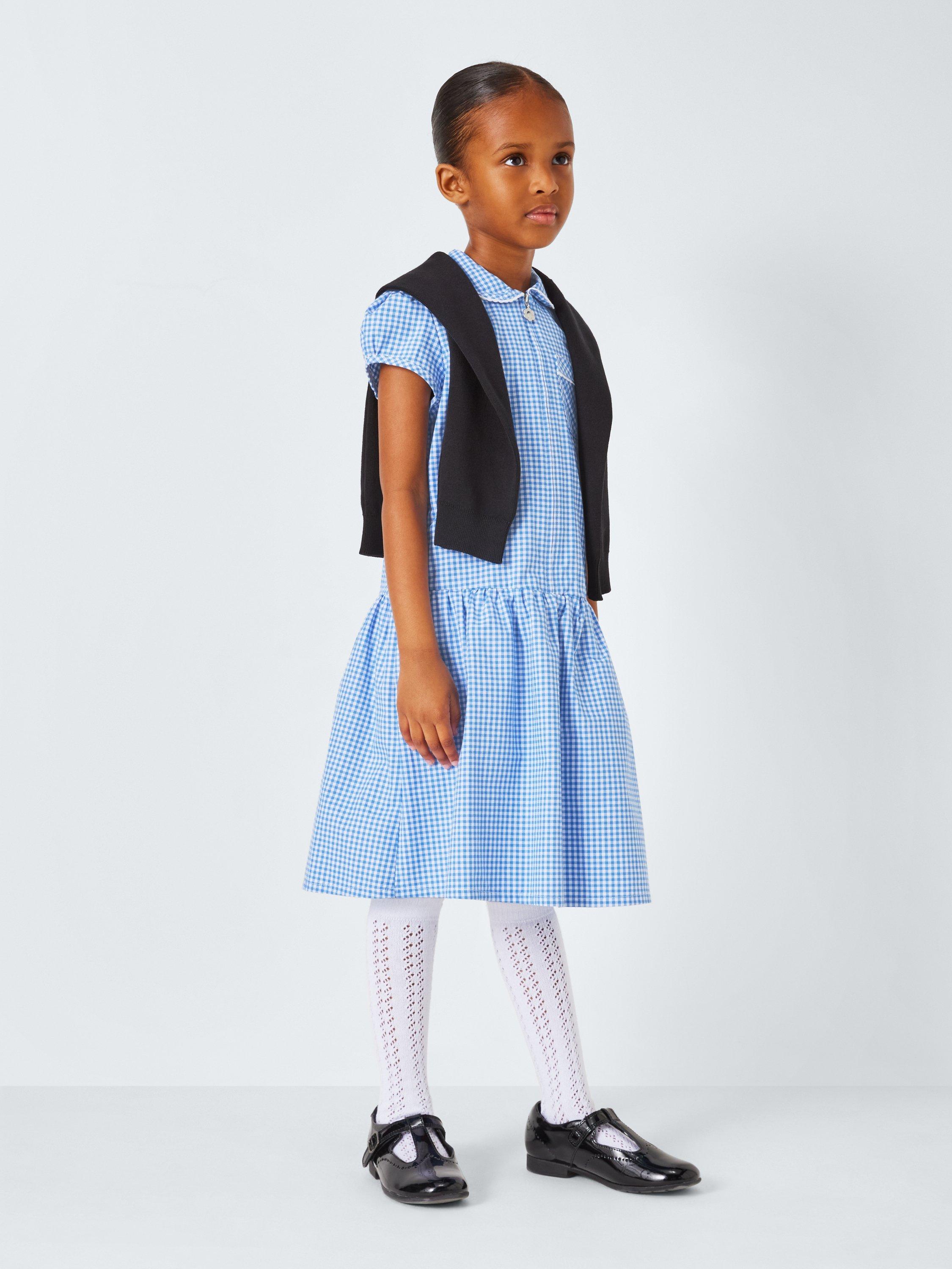 Product image 2 of 7, which shows John Lewis Kids' Cotton Blend Gingham A-Line School Summer Dress, Blue, 3 years
