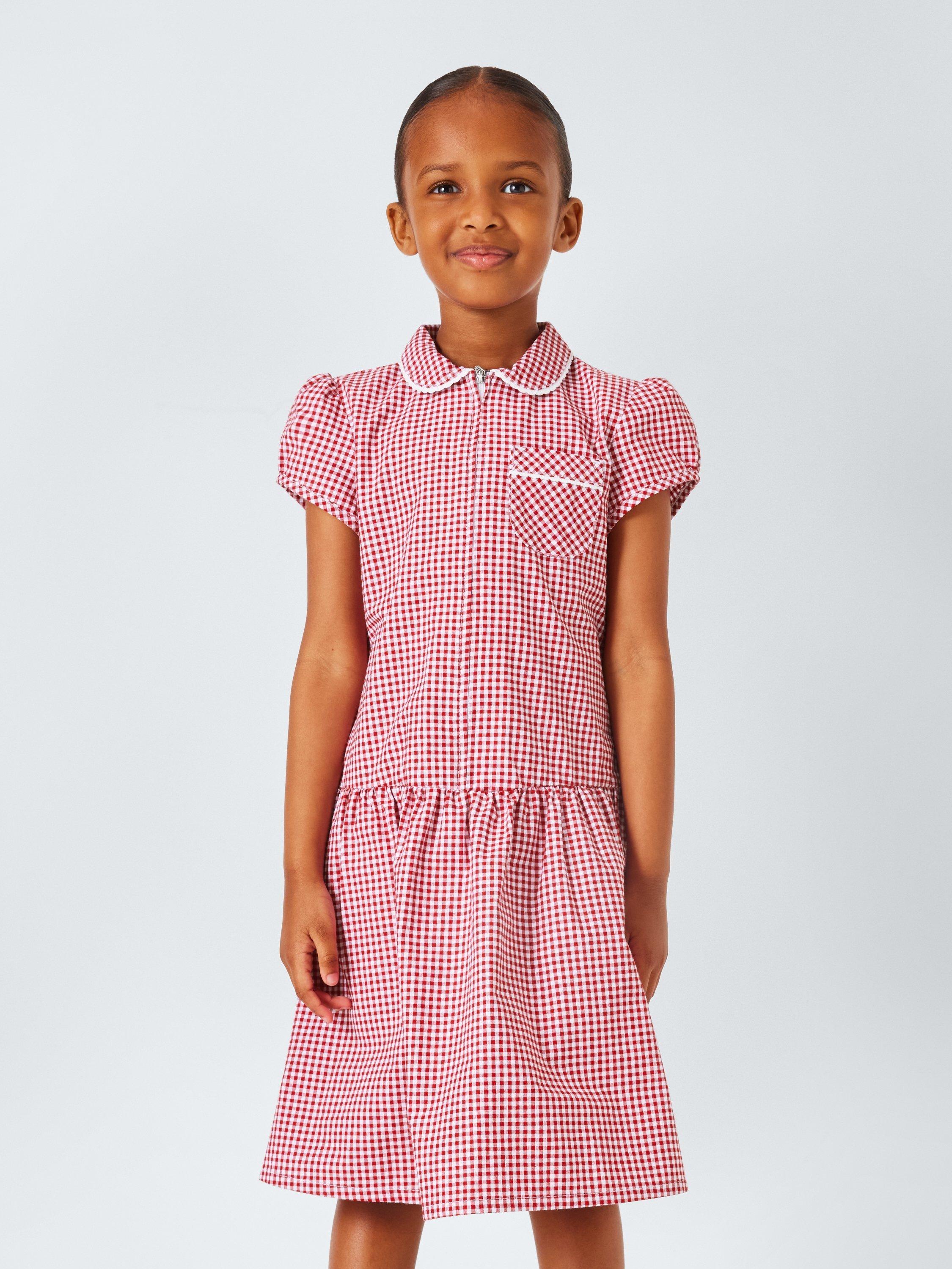 Product image 1 of 7, which shows John Lewis Kids' Cotton Blend Gingham A-Line School Summer Dress, Red, 3 years
