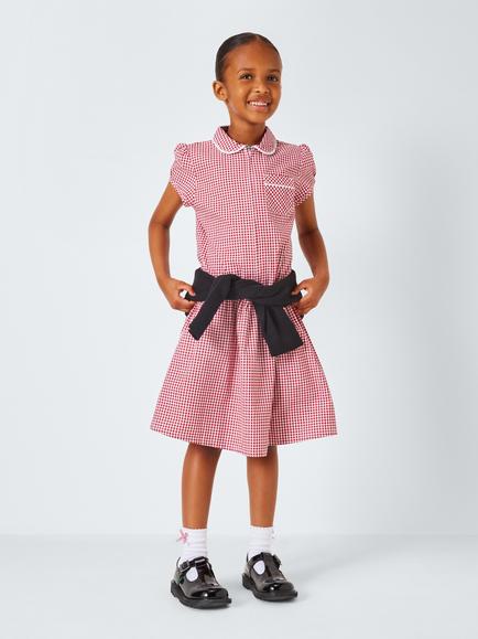 John Lewis Kids' Cotton Blend Gingham A-Line School Summer Dress - view 2, Red