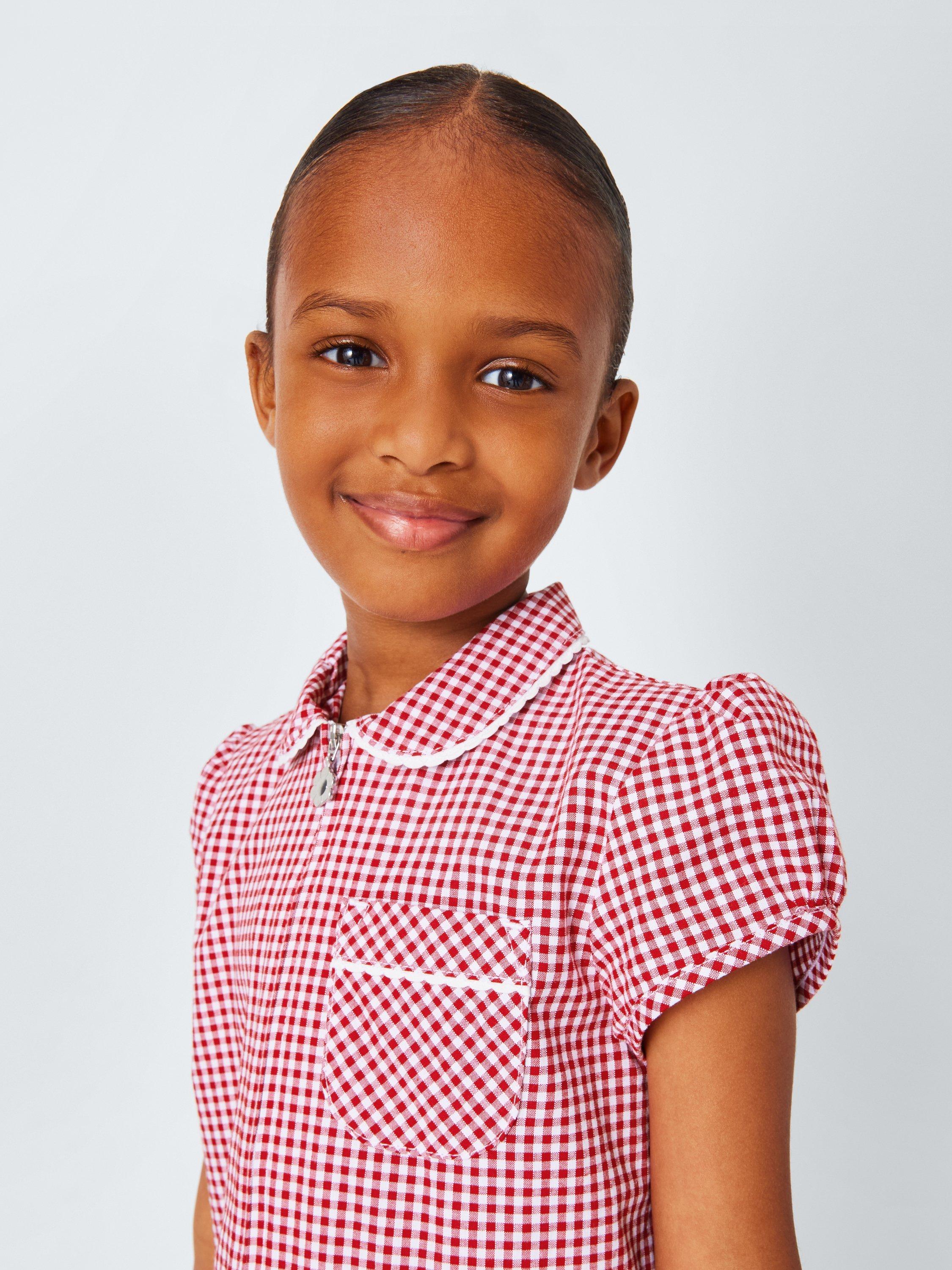 Product image 4 of 7, which shows John Lewis Kids' Cotton Blend Gingham A-Line School Summer Dress, Red, 3 years